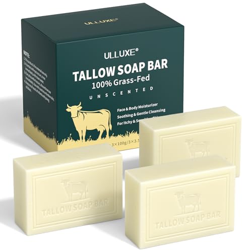 Beef Tallow Soap All Natural Grass Fed Tallow Soap Bar Unscented Deep Moisturizing Face & Body Wash Soaps for Dry Itchy Sensitive Skin Handcrafted Soaps for Women Men 3 * 100 g
