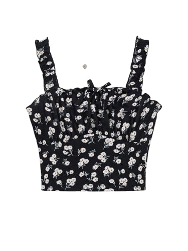 BEAUDRM Camiseta regata feminina com estampa floral, alças largas, sem mangas, acabamento de alface,