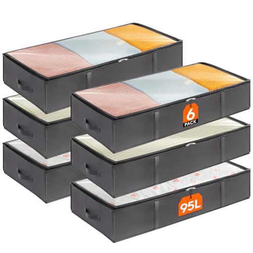 Lifewit 6 Pack 95L Under Bed Storage, Underbed Storage Boxes with lid Clothes Storage Bag Wardrobe Storage Organiser with Reinforced Handle, PVC Window for Duvet, Blanket, Clothing, Shoes, Grey