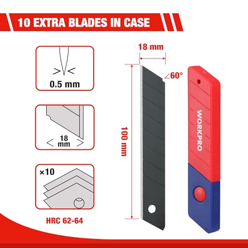 WORKPRO 2-delige Cuttermes Set 18 mm van Aluminium, Multifunctioneel Mes, Tapijtmes, Afbreekmes, incl. 10 SK5 Reservemessen - Afbeelding 3