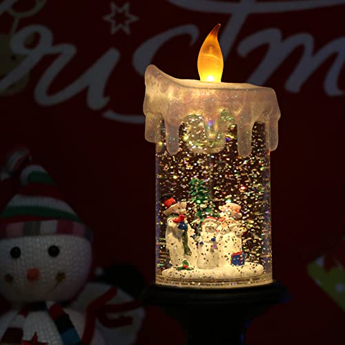 Image of Eldnacele Battery Operated Lighted Flameless Candles Christmas Snow Globe Candle Light Swirling Water Glittering Spinning Candles for Home Decoration(Snowmen Family)