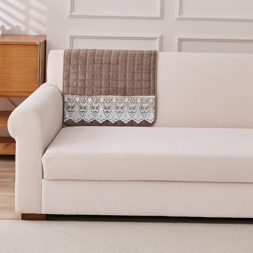 Image of HOKIPO 'BelleLace Series' Imperial Milk Velvet Sofa Backrest Mat Cover with Lace | Anti-Slip | 1 Pc - Mocha Brown (AR-6311-BRN)