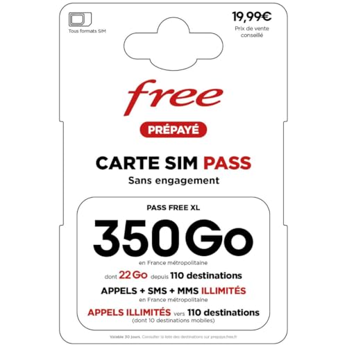 Carte SIM Free Pass XL : Forfait 350 Go 5G Ultra-Data + Appels/SMS Illimités & 22 Go depuis 110 destinations (incl. USA & Chine) – Offre Mobile Sans...