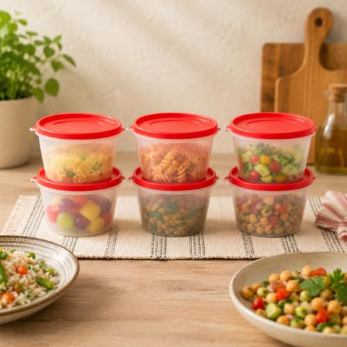 Image of Cutting EDGE Nesterware 750ml Stackable Container (Set of 6, Light Red) | BPA-free plastic, stackable design, leak-proof, kitchen storage, pantry, fridge, meal prep, reusable, travel use