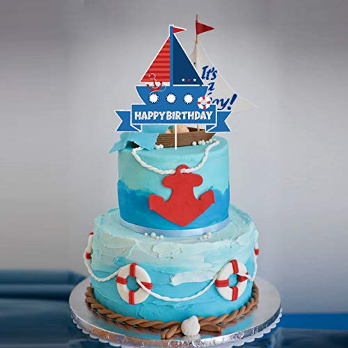 Giltter Sailboat Happy Birthday Cake Topper,Ocean Sailing Cake Decor,Nautical Theme Party Decorations For Kids Birthday Party Baby Shower #TOP3
