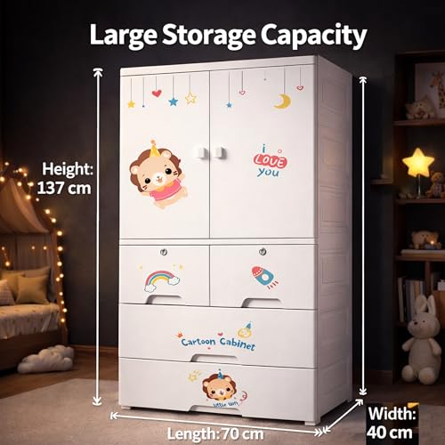 Image of AYSIS Kids Plastic Collapsible Wardrobe Organizer for Storage with Drawers | Cute Cartoon Design | Heavy Duty Cloth Organizer for Storage | Easy to Assemble | Perfect for Kids Room & Home | Lionwhite