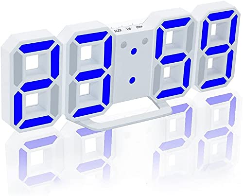 多機能 電子 3D 8888 LEDデジタル目覚まし時計 掛け時計、12H / 24H時間表示 自動調節可能のLED明るさ 家の装飾卓上時計 (ホワイト本体+ブルーレイ)