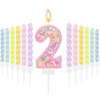 MTLEE Birthday Candle Macaron Glitter 3D Number Candle with 12 Pcs Rainbow Spiral Candles in Holders for Girl Boy Cake Topper Wedding Anniversary Pastel Sweet Theme Party Decoration