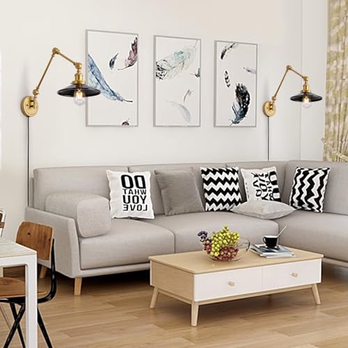 Image of Swing Arm Wall Lamp Plug In, Set of 2 Modern Gold Cordless Wall Sconce For Bedroom Bedside, Living room, Study, Vintage Reading Wall Mount Light Fixtures, Warm Brass Finish Decor, Black, 2 Pack
