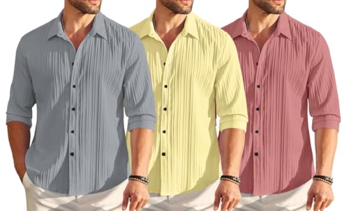 Image of FINIVO FASHION Combo of Men's Casual Cotton Plain Button Down Shirt Long Sleeve Textured Summer Beach Shirt for Men Pack of 3