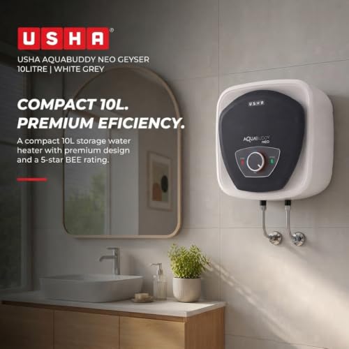 Image of USHA AquaBuddy Neo Geyser 10 Litre 5 Star BEE Rating | Copper Heating Element | Storage Water Heater with Anti-Rust Protection | Warranty: 8 Yr Tank, 2 Yr Product