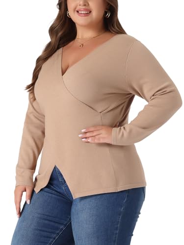 Image of Agnes Orinda Plus Size Knit Tops for Women Wrap V Neck Criss Cross Long Sleeve Asymmetrical Sweater
