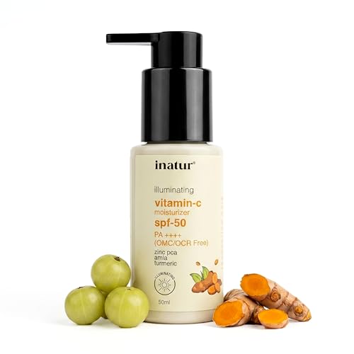 Image of inatur Vitamin C Sunscreen + Moisturizer SPF 50 PA++++ | Water Resistant & Lightweight | No White Cast | UVA & UVB Defense | Skin Brightening & Hydrating | For All Skin Types | Men & Women | 50ml