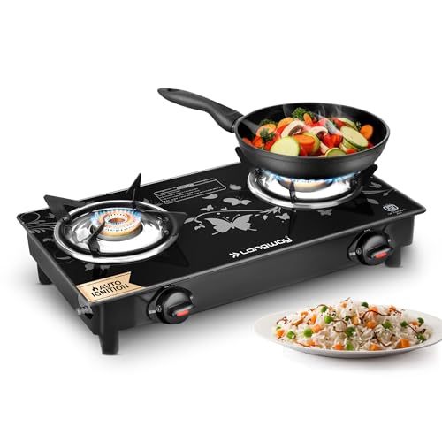 Image of Longway Astra Glass Top, 2 Burner Auto Ignition Glass Gas Stove (Black, ISI Certified, 2 Year Warranty)