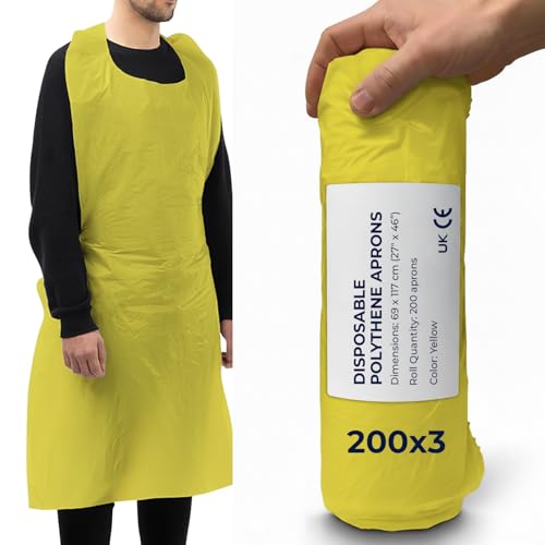 Disposable Aprons Multipurpose Strong Waterproof Plastic Aprons Yellow Roll Pack of 600 in Bulk Roll Pack Sizes Ideal for Catering, Cooking, Clinics, Hospitality & Workplace Protection.