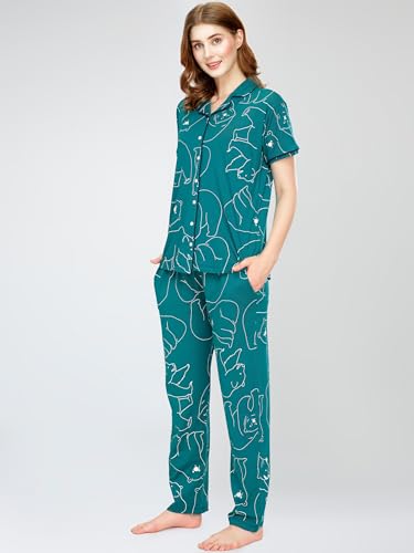 Image of ZEYO Night Suit for Women's Polar Bear Printed Cotton Night Dress of Shirt and Pajama Set 5756