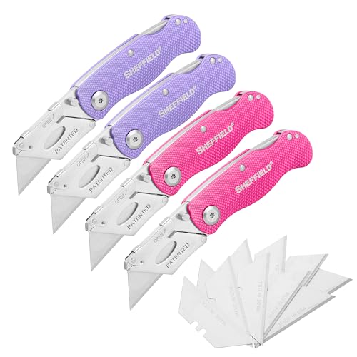 Image of Sheffield 12346 Lock Back Utility Knife 4 Pack with 10 Utility Knife Blades | Box Cutter with Aluminum Texture Grip Handle, Features Pocket Clip, Patented Quick Change Utility Blade Mechanism