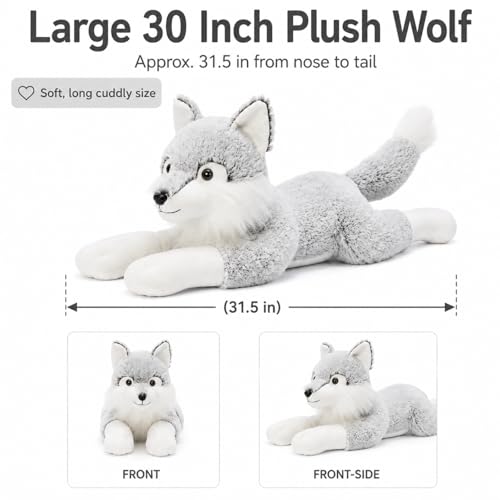 Image of BENINY 30 Inch Giant Wolf Stuffed Animal, Super Soft Big Winter Wolf Plush Toy Pillow, Fluffy Stuffed Wolf Plushie for Kids and Adults, Birthday