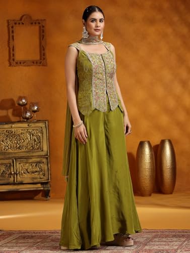 Image of infloura Lehenga Plazzzo And Koti Blouse Set For Womens And Girls Chinon Silk Fabric With Sequins and Thread Embroidery Work Fully Stitched Perrot