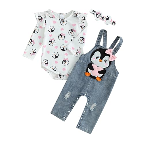 Newborn Baby Girl Valentines Day Outfit Long Sleeve Romper Heart Onesie Denim Overalls Cute Coming Home Outfit