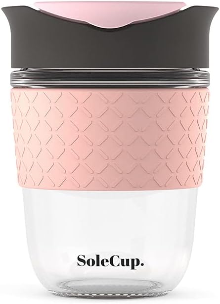 Reusable Strengthened Glass Travel Cup - Spill Proof Insulated Coffee Mug - 12oz/340ml BPA-Free Hot Drink Travel Mug with Lid & Silicone Band (Gray and Pink, 12oz)