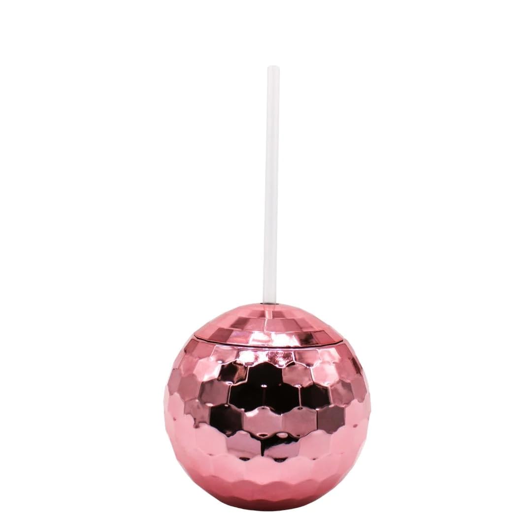 20oz Pink Disco Ball Glass with Lid and Straw Each