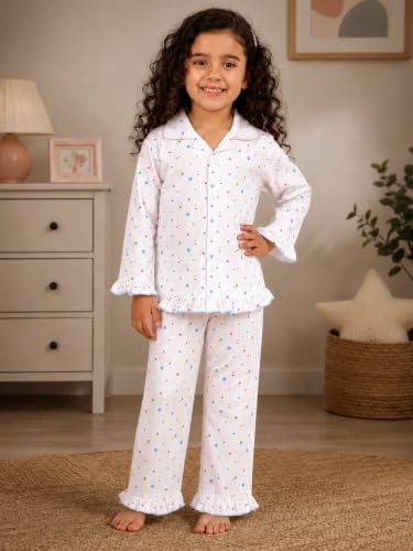 Image of superminis Hosiery Cotton Night Suit with Frill - Full Sleeves, Collared Neck, Sleep Wear for Girls, Kids