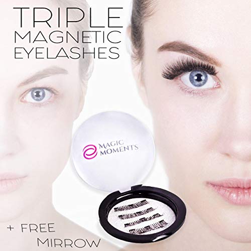 Falses Magnetic Eyelashes - Full Coverage 3 Magnet Lashes for Woman - Reusable Magnetic Eyelash Extensions and Pocket Mirror as a Bonus - 1 Pair / 4 pcs