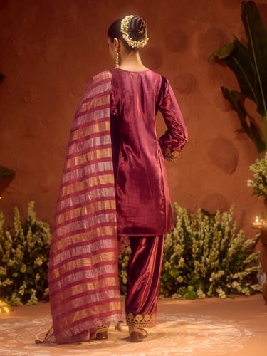 Image of FIORRA Women Wine Ice Velvet Embroidered Kurta Set with Dupatta