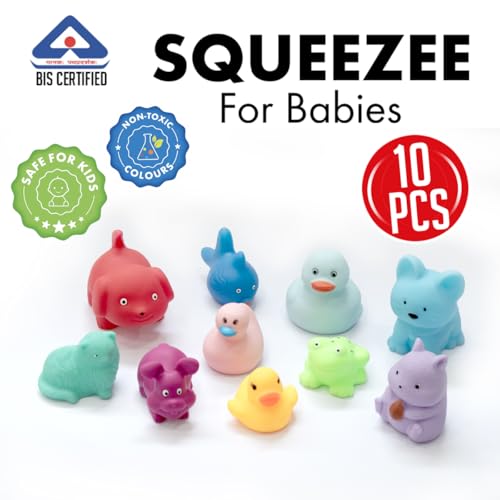 Image of Amazon Brand - Jam & Honey Baby Bath Toy Set of 10 for Toddlers I Colorful Combo of Farm Animals I Floating Bath Chuchu Toys (Multicolor)