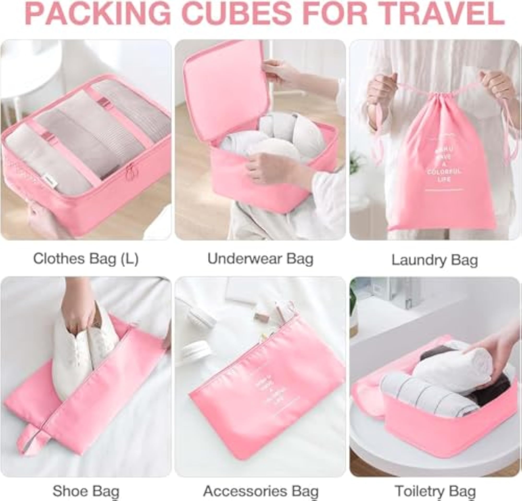 7 Set Travel Organizer Bag, 3 Packing Cubes + 3 Pouches