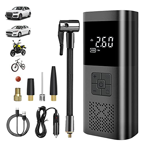 TANGMONFLY 電動空気入れ エアコンプレッサー エアーポンプ【7500mAh 充電式 ワイヤレス 自動停止 目標圧力値設定 最大圧力150PSI 多様な充電方式 低騒音】緊急用SOSライト LEDライト付き 過熱保護 五種類変換ノズル 自転車/車/ロードバイク/ボール/浮き輪/バイク/クロスバイク対応 日本語取扱説明書付き【ブラック】のサムネイル