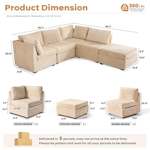 Image of ovios Modular Sectional Sofa Couch with L-Shape Chaise Ottoman, Comfy Plush Corduroy Cloud Couches, Modern Luxury Deep Seat Sofas Set for Living Room, 5-Seater, Beige