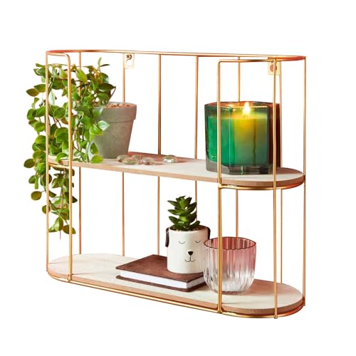 YORKSHIRE HOMEWARE 2 Tier Storage Shelves | Floating Wall Shelf with Metal Frame | Wooden Display Shelving Unit | Hanging Wall Decoration for Bedroom, Living Room, Office, Hallway Kitchen