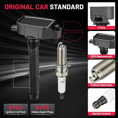 BDFHYK Ignition Coil Pack UF807 and Iridium Spark Plugs 93175 Compatible with Chrysler Pacifica Dodge Durango Jeep Grand Cherokee Wrangler Ram 1500 3.6L V6 68223569AB LKR7DIX-11S, Sets of 6