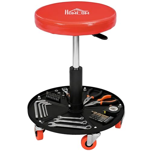 HOMCOM Rolling Mechanic Stool Workshop Stool with Pneumatic Adjustable Height 360 Degree Swivel Padded Seat Tool Tray for Garage Workshop Auto Repair Orange