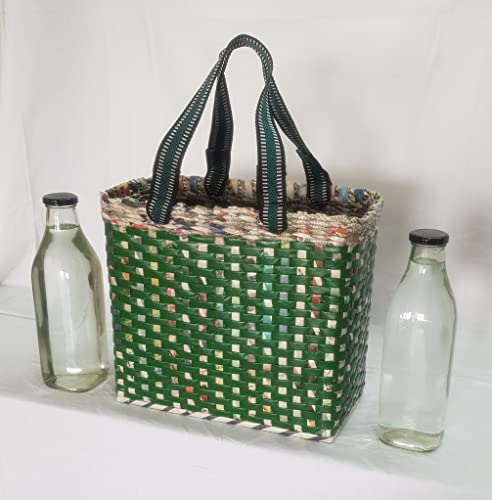 Image of Paperus, Medium, Green, Lunch Bag, Picnic Basket, Handbag, Carry Bag, Tiffin Basket for Office, Rectangular, Eco-Friendly, Handmade, of Paper Ropes, in Inch 11 H, 12 L, 6 Wide Base