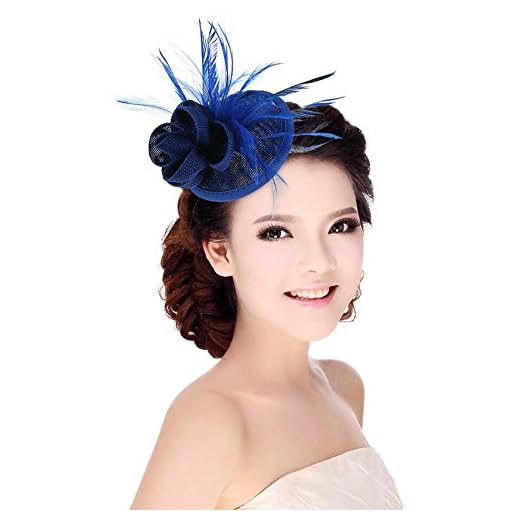 MARRYME Tocados de Pelo Fiesta Boda Mujer Sombrero con Plumas Diadema Flores Azul Oscuro