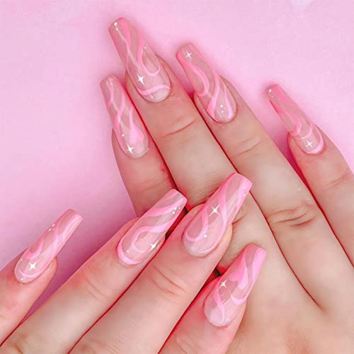 IMSOHOT Long Square Press on Nails Glossy Pink Fake Nails Starlight Line 24Pcs False Nails with Designs Full Stick on Nails for Women and Girls