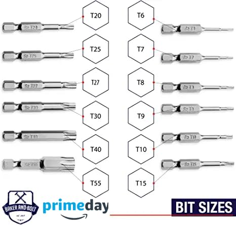 Baker And Bolt Torx Head Drill Bit Set - Premium12Pc Set W/Storage Case T6 - T55 1/4In Hex Shank Magnetic Star Security Kit Long 2Inch Torx Key Bits S2 Steel For Drills And Impact Drivers #TOP1