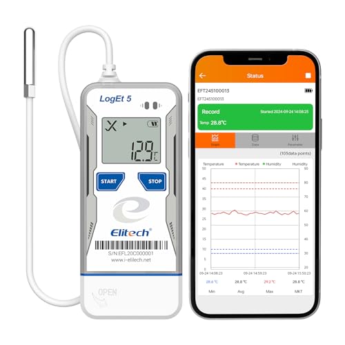 Elitech Bluetooth Temperature Data Logger FDA Standards, with External Probe Shadow Data 32000 Points, Auto PDF/CSV Report, for Windows/MacOS, Refrigerator Thermometer LogEt5B-TE, Blue