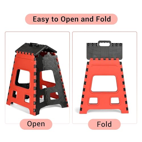 Image of U-MAX 18 INch Folding Step Stool, Portable, Heavy Duty Plastic with Anti-Slip Surface Space-Saving Foldable Stool for Kids & Adults (Red-Black)