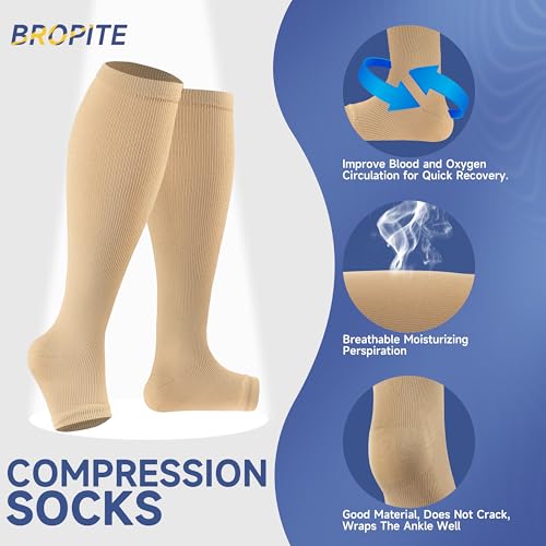 Image of bropite 3 Pairs Open Toe Compression Socks for Women, Support for Travel | Graduated 15-20 mmHg compression circulation,reduces swelling.3 pairs open toe design for travel,nurses,pregnancy comfort