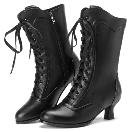 LanreyTaley Women Victorian Lace Up Boots Vintage Witch Boots Gothic Black | Kitten Heel Boots Gothic Steampunk Renaissance Witch Costume Shoes