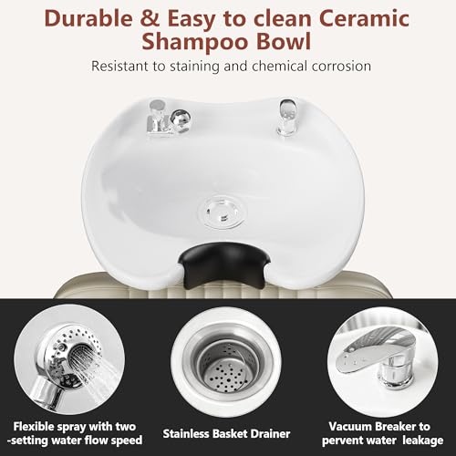 Image of Shampoo Bowl and Chair Set for Salon,Backwash Chair with Adjustable Tilting Porcelain Sink, Salon Hair Washing Station with Ceramic Shampoo Bowl Neck Rest,Beauty Spa Equipment (Light Taupe)