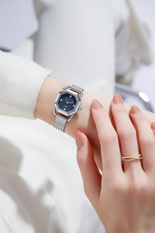 Image of Giordano Analog Quartz Watch for Women with Octagonal Textured Dial, Crystal Hours Markers, Blue Crown and Mesh Metal Strap