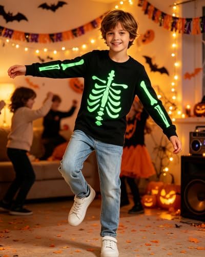Idgreatim Boys T-Shirt Glow in the Dark Skeleton Halloween Shirt Size 9-12T — view 4