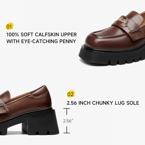 Image of BEAU TODAY Chunky Loafers Women Platform Penny Leather Lug Shoes
