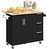 Yaheetech Kitchen Island Cart with Drop Leaf Countertop Rolling Kitchen Island Breakfast Bar Table on Wheels with Storage Cabinet 3 Drawers Spice Rack for Dinning Room 49 Inch Width Black