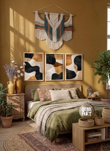 Image of BLINKART Set of 3 RUST BLACK CURVES BROWN CREAM BLOCK Natural Brown Frame Painting for Wall Decoration - Modern Art Wall Decor Framed Painting for Living Room Bedroom - Framed Wall Posters /Paintings (8X12 inch)